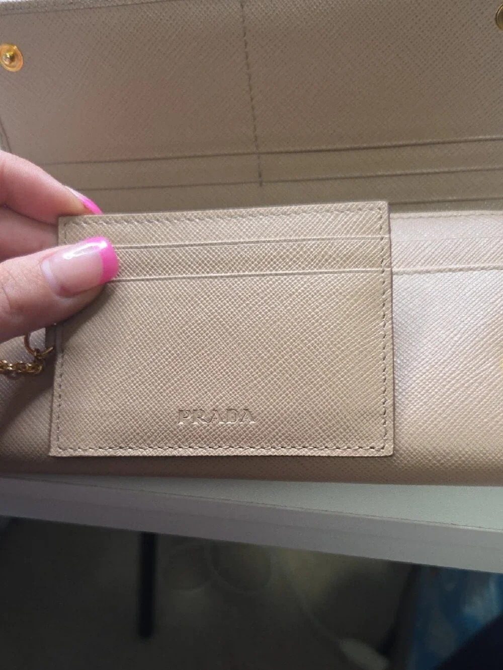 Prada Beige Saffiano Fiocco  Bow-Accent Wallet with Gold Plaque
